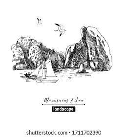 hand drawn vector sketch of Mediterranean mountain landscape and sailboat