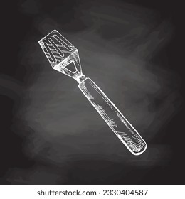 Hand drawn vector sketch of metal barbecue spatula with wooden handle. Doodle vintage illustration isolated on chalkboard background. Decorations for the menu of cafes and labels. Engraved immage.