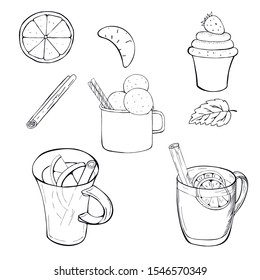 Hand drawn vector sketch mulled wine ice cream and cake on isolated backround for  Christmas and New year menu