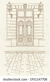 esbozo vectorial dibujado a mano de una puerta de madera antigua con porche
