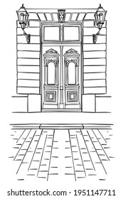 esbozo vectorial dibujado a mano de una puerta de madera antigua con porche