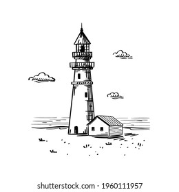 Hand drawn vector sketch of old lighthouse on the sea shore. Cloudy day, waves to the horizon