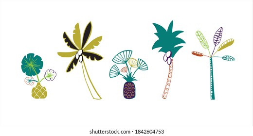 Hand drawn vector sketch palm trees. Set of isolated palm trees. Simple flat icon on white background.
Illustration for logo, emblems, wrapping paper, post cards and print design.