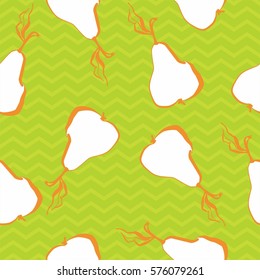Hand drawn vector sketch of pear. Seamless nature background. Fresh organic food. White pear on the green background.