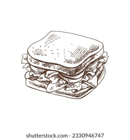 Hand drawn vector sketch of a piece of sandwich with vegetables, cheese, meat. Doodle vintage illustration. Decorations for the menu of cafes and labels. Engraved immage.