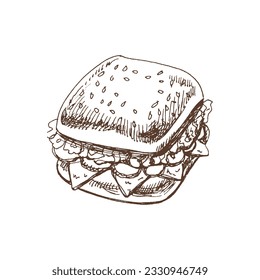 Hand drawn vector sketch of a piece of sandwich with vegetables, cheese, meat. Doodle vintage illustration. Decorations for the menu of cafes and labels. Engraved immage.