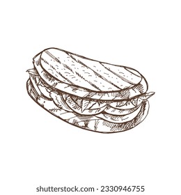 Hand drawn vector sketch of a piece of sandwich with vegetables, cheese, meat. Doodle vintage illustration. Decorations for the menu of cafes and labels. Engraved immage.