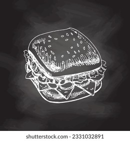 Handgezeichnete Vektorgrafik eines Sandwich-Stücks mit Gemüse, Käse, Fleisch. Doodle-Vintage-Illustration einzeln auf Chalkboard-Hintergrund. 