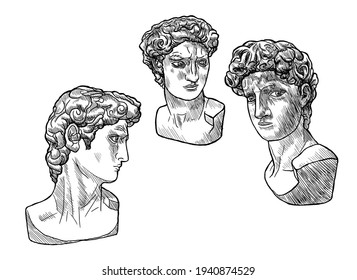 Hand drawn vector sketch of a plaster bust of ancient Roman Apollo. A sketch for an academic drawing. Drawing and graphics training