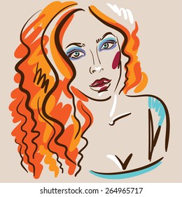 Hand drawn vector sketch portrait of a woman with long frizzy red hair and makeup.