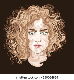 Hand drawn vector sketch portrait of a woman with frizzy blond hair and nude makeup.