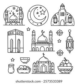 Hand drawn vector sketch set for Ramadan holiday.
