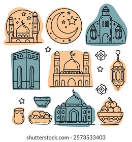 Hand drawn vector sketch set for Ramadan holiday.