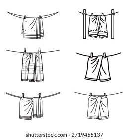 Dibujado a mano boceto de Vector conjunto de ropa y toallas colgando en tendederos para secar