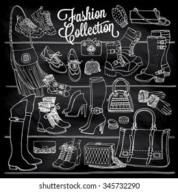 Hand drawn vector sketch of shoes bags and female fashion accessories. Side view of shoes, bags, glasses on shelf. Doodle illustration on chalkboard.