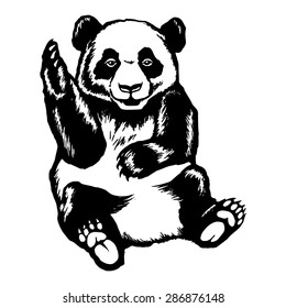 hand drawn, vector, sketch, silhouette, linear, illustration of panda greeting raised paw