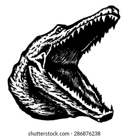 hand drawn, vector, sketch, silhouette, linear, illustration of alligator, crocodile widely slack jaws