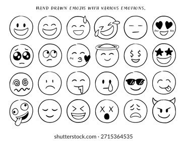 Emojis de doodle de estilo de boceto de Vector dibujado a mano. Expresar emociones como sonrisa, tristeza, lágrimas, etc. Elementos cómicos.