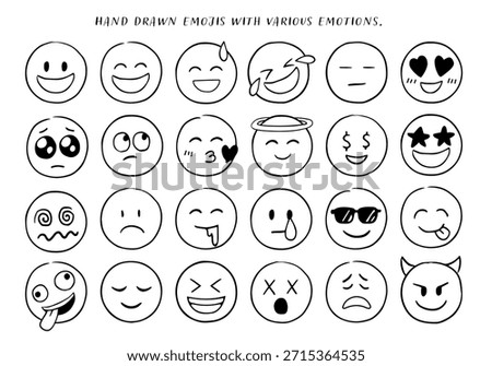 Hand drawn vector sketch style doodle emojis. Expressing emotions like smile, sadness, tears, etc. Comic elements.
