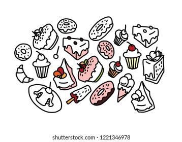 Hand drawn vector sketch of sweets, cakes, donuts, muffins