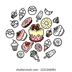 Hand drawn vector sketch of sweets, cakes, donuts, muffins