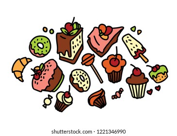 Hand drawn vector sketch of sweets, cakes, donuts, muffins