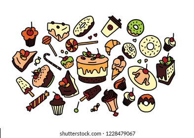 Hand drawn vector sketch of sweets, cakes, donuts, muffins