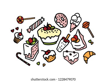 Hand drawn vector sketch of sweets, cakes, donuts, muffins