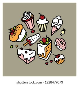 Hand drawn vector sketch of sweets, cakes, donuts, muffins