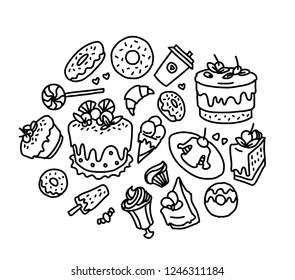 Hand drawn vector sketch of sweets, cakes, donuts, muffins