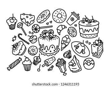 Hand drawn vector sketch of sweets, cakes, donuts, muffins