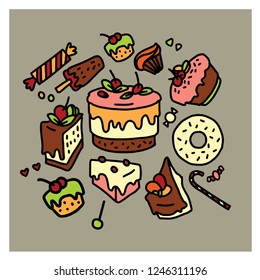 Hand drawn vector sketch of sweets, cakes, donuts, muffins