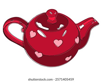 Hand drawn vector sketch of Teapot isolated on white. Shiny Red Ceramic Tea Kettle with hearts. Isometric flat style vector illustration. 