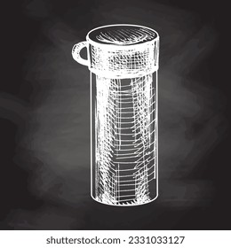 Hand drawn vector sketch of a thermos. Doodle vintage illustration isolated on chalkboard background. Engraved image.