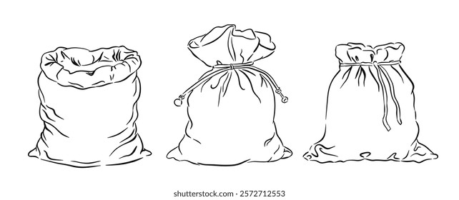 Hand drawn vector sketch of three different styles of sacks on a white background