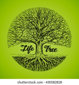 Hand drawn vector sketch tree with roots. Ecology, environment. Nature or ecosystem