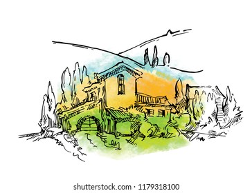 Hand drawn vector sketch of trees and plants. Watercolor background