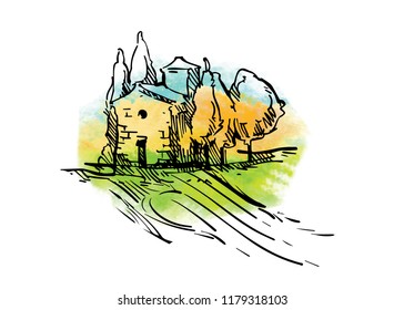 Hand drawn vector sketch of trees and plants. Watercolor background