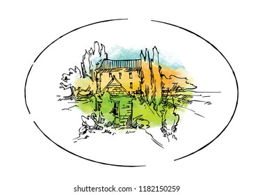 Hand drawn vector sketch of trees and plants. Watercolor background