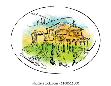 Hand drawn vector sketch of trees and plants. Watercolor background