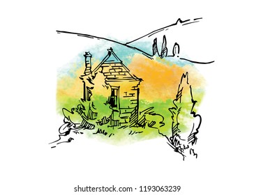 Hand drawn vector sketch of trees and plants. Watercolor background