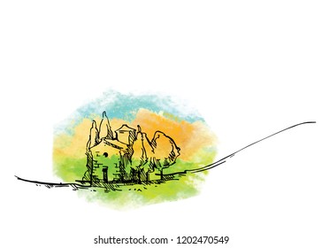 Hand drawn vector sketch of trees and plants. Watercolor background