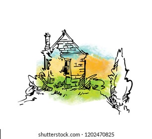 Hand drawn vector sketch of trees and plants. Watercolor background