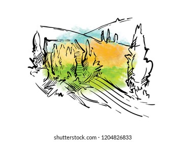 Hand drawn vector sketch of trees and plants. Watercolor background