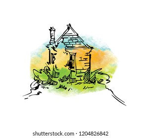 Hand drawn vector sketch of trees and plants. Watercolor background