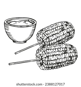 Hand drawn vector sketch of two baked sweet corn and souse, grilled corn ear, black and white illustration of maize ear of corn, inked illustration isolated on white background