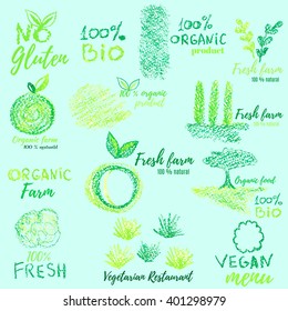  Hand drawn vector sketch typographic element.Organic food, gluten free, farmer market menu logo. Nature product label. Leaf, tree, grass,herb,branches,apple.Vector farmer label.Farmer icons 