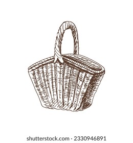 Hand drawn vector sketch of a wicker picnic basket. Doodle vintage illustration. Engraved immage. 