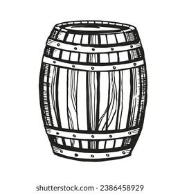 Hand drawn vector sketch of wooden barrel for wine, beer, whiskey, black and white illustration of textured wood oak keg, inked illustration isolated on white background