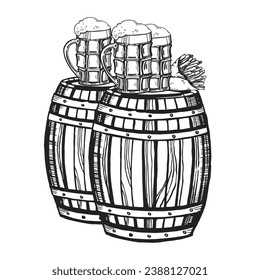 Hand drawn vector sketch of wooden barrel for wine, beer, whiskey and beer glasses, French fries, black and white illustration of textured wood oak keg, inked illustration isolated on white background